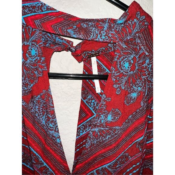 Free People Vibrant Red and Blue Patterned Long Sleeve Top - Picture 2 of 5